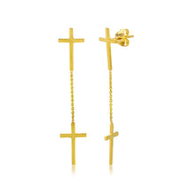 Load image into Gallery viewer, Sterling Silver Gold Plated Double Hanging Cross Shaped Earrings