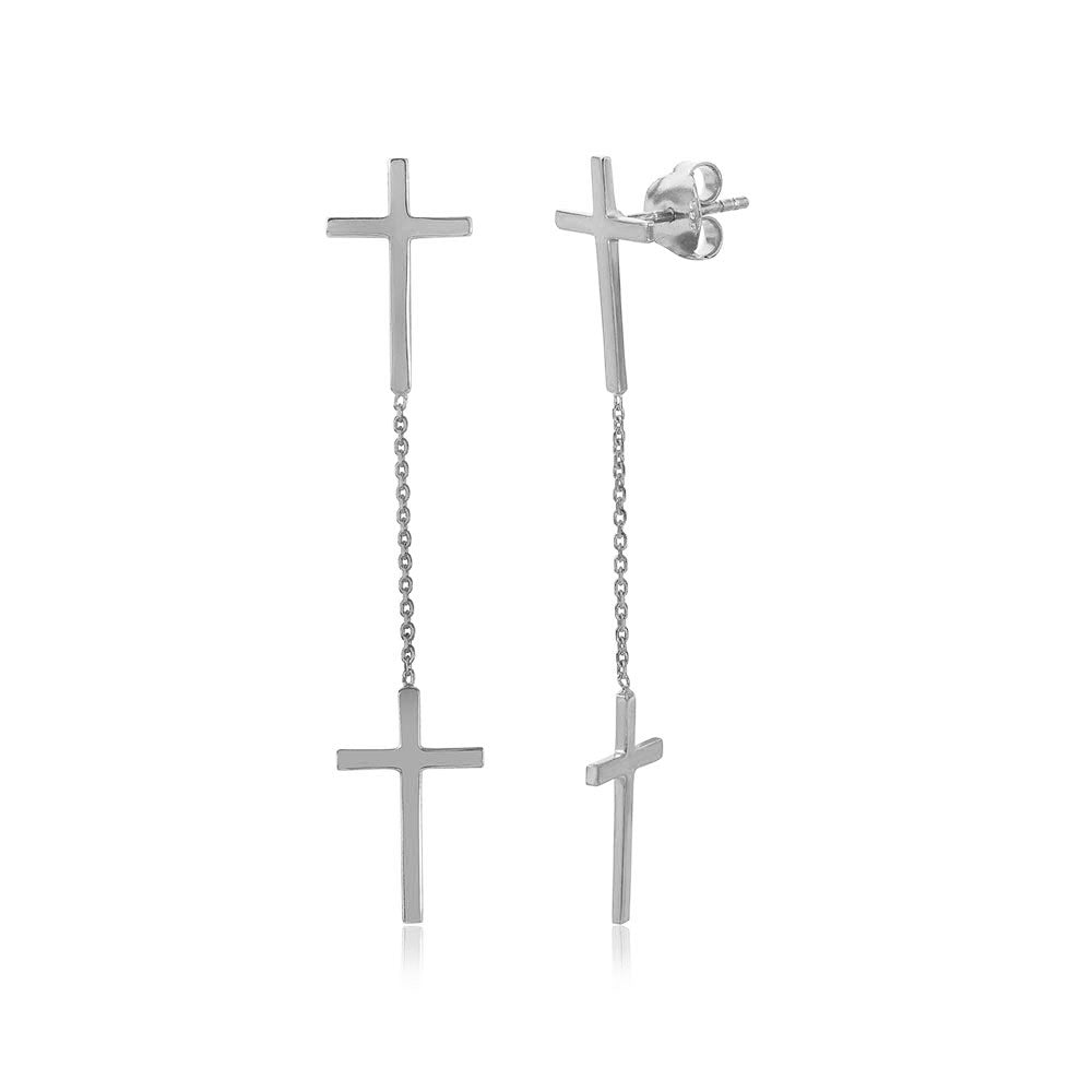 Sterling Silver Rhodium Plated Double Hanging Cross Shaped Earrings