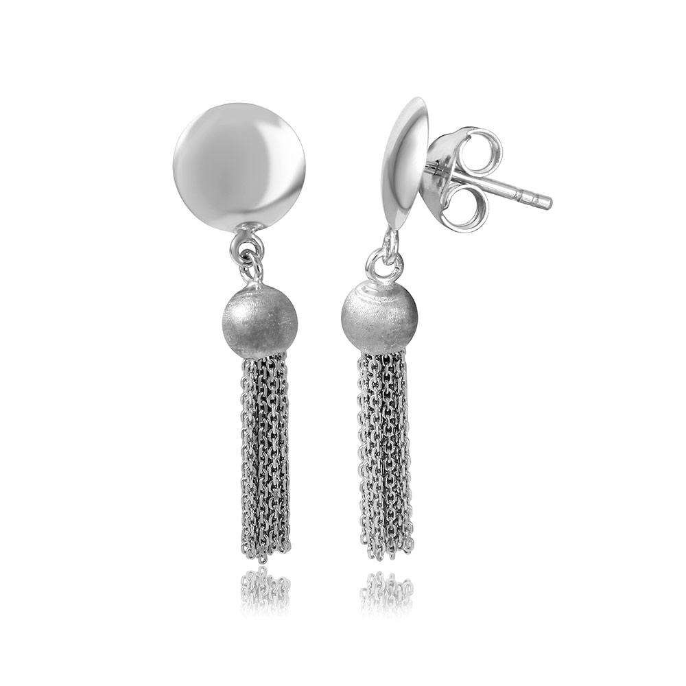 Sterling Silver Rhodium Plated Hanging Bead With Multi Strands Earrings