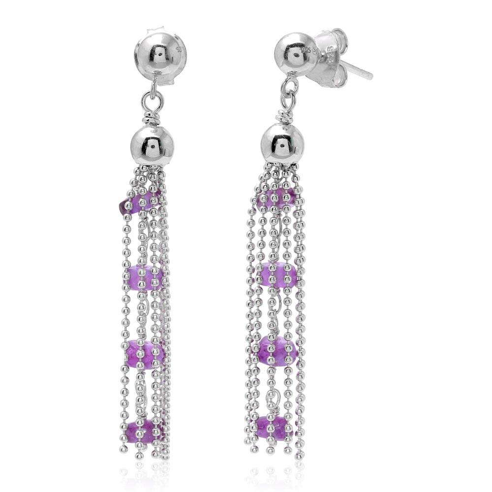Sterling Silver Rhodium Plated Dropped Bead Chain With Purple Bead Earrings