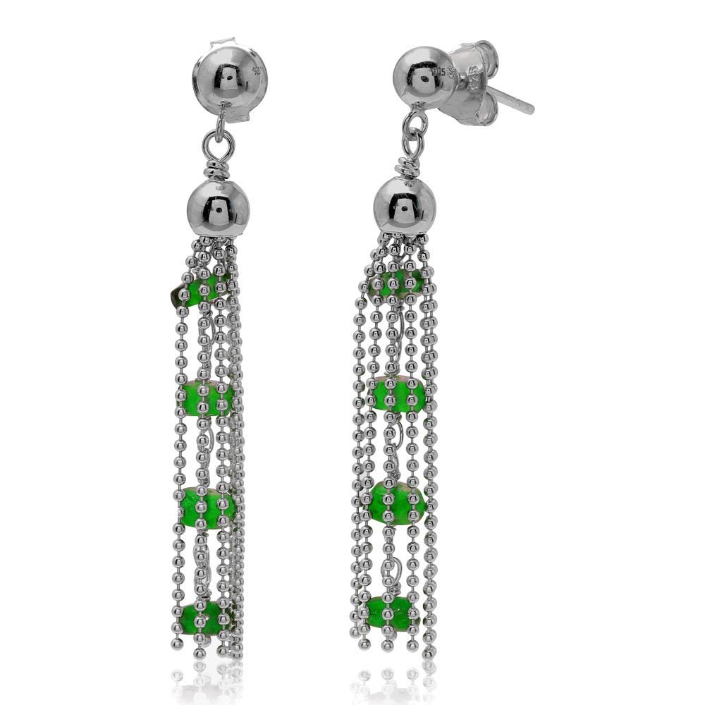 Sterling Silver Rhodium Plated Dropped Bead Chain With Emerald Green Bead Earrings