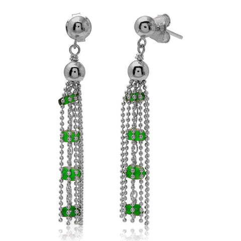 Sterling Silver Rhodium Plated Dropped Bead Chain With Emerald Green Bead Earrings