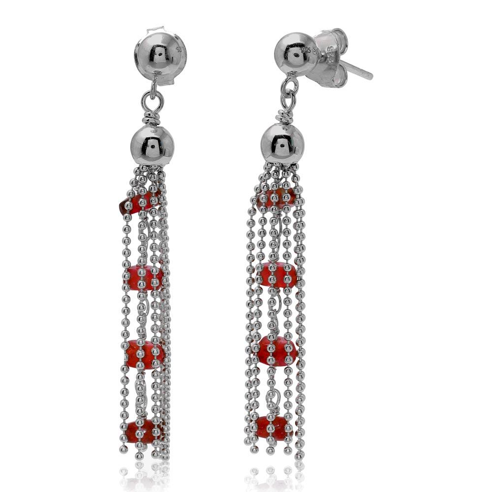 Sterling Silver Rhodium Plated Dropped Bead Chain With Dark Red Bead Earrings