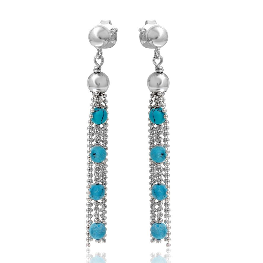 Sterling Silver Rhodium Plated Dropped Bead Chain With Turquoise Bead Earrings