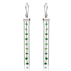 Sterling Silver Rhodium Plated Tassle With Green Emerald Beads Dangling Earrings