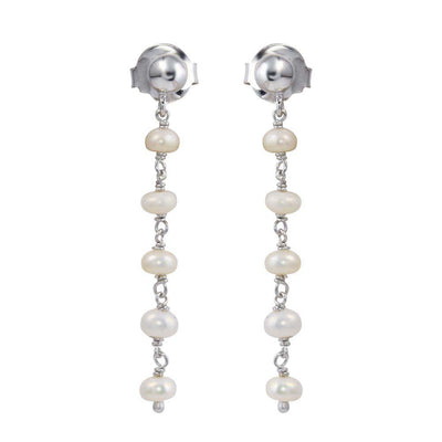 Sterling Silver Rhodium Plated Dangling Synthetic Pearl Earrings