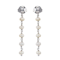Sterling Silver Rhodium Plated Dangling Synthetic Pearl Earrings