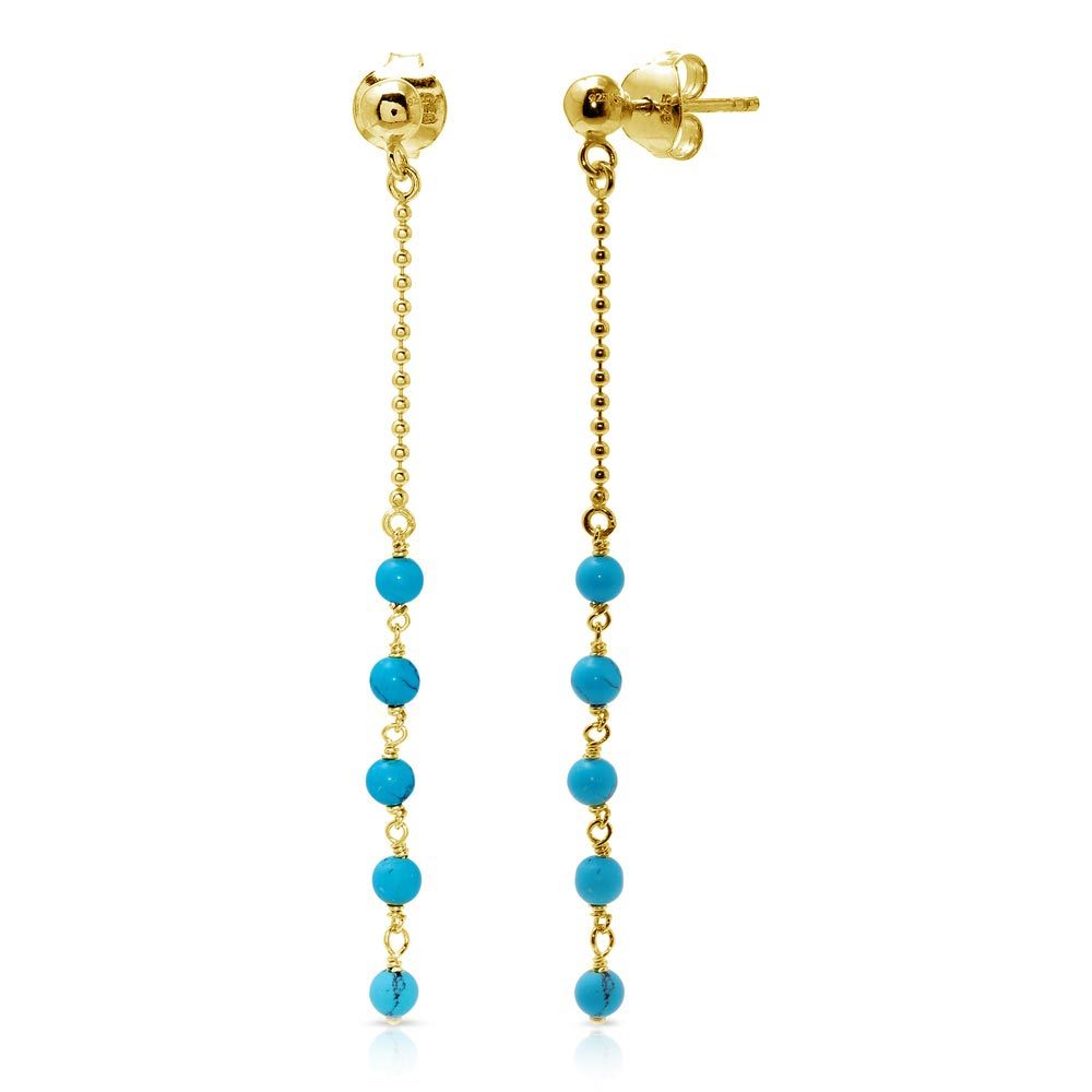 Sterling Silver  Gold Plated Bead Chain With Dropped Turquoise Beads Earrings