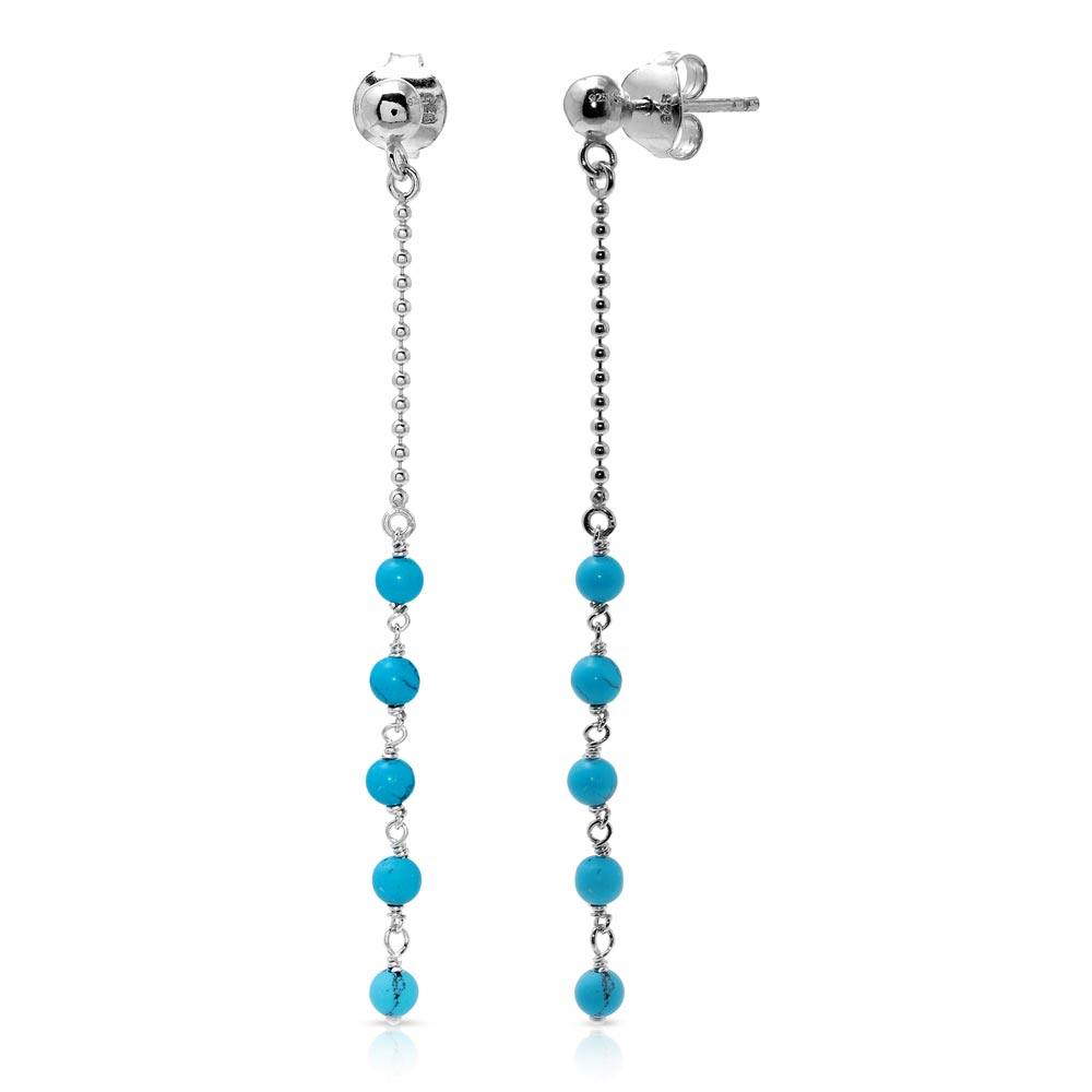 Sterling Silver Rhodium Plated Bead Chain With Dropped Turquoise Bead Earrings