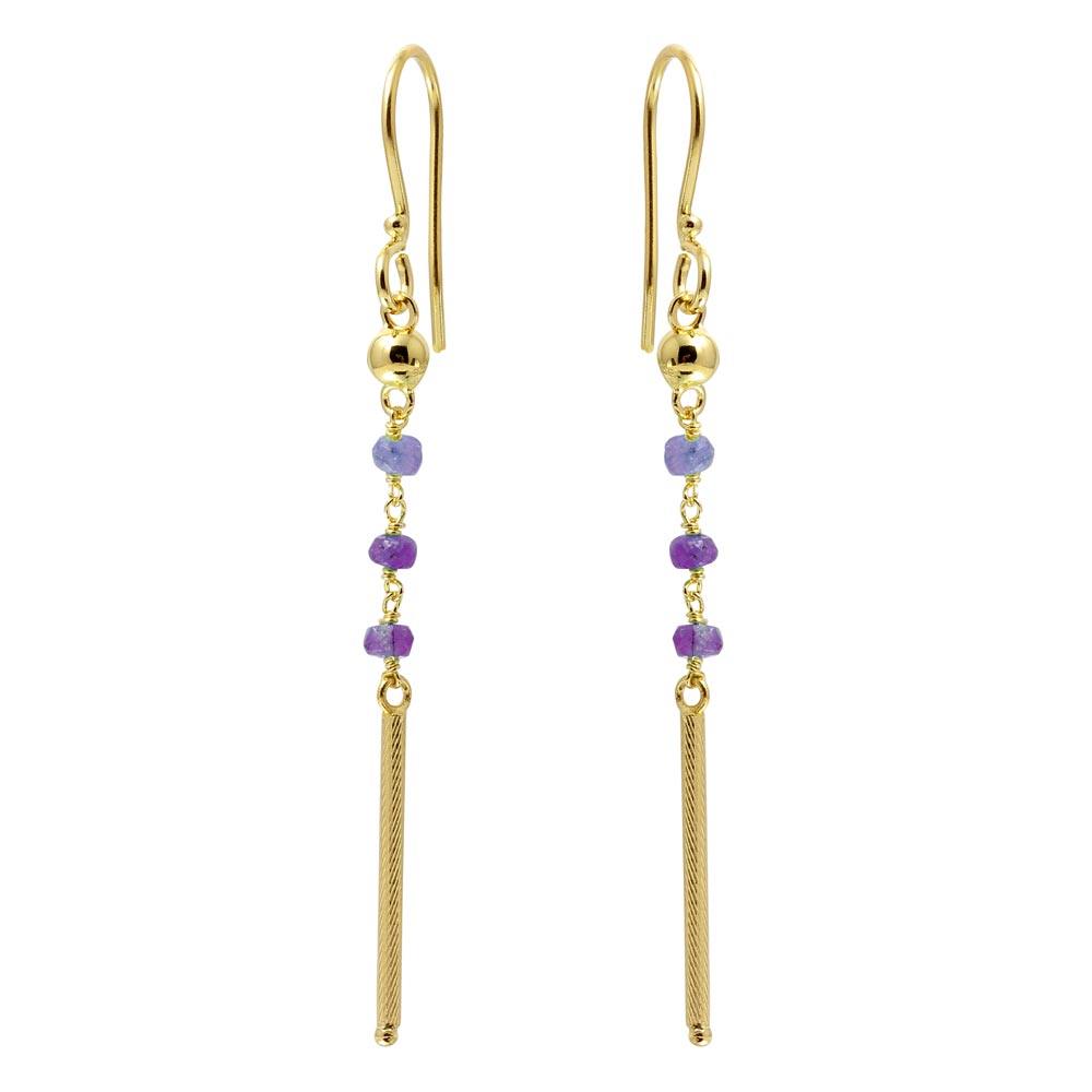 Sterling Silver Gold Plated Three Purple Bead With Matte Gold Bar Dangling Earrings