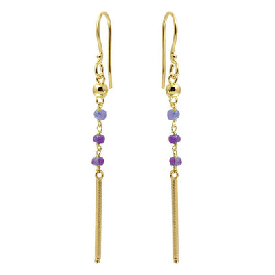 Sterling Silver Gold Plated Three Purple Bead With Matte Gold Bar Dangling Earrings