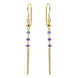 Sterling Silver Gold Plated Three Purple Bead With Matte Gold Bar Dangling Earrings