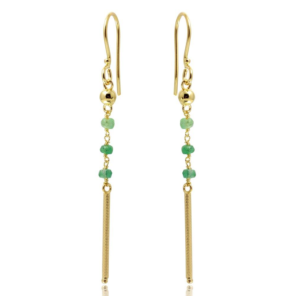 Sterling Silver Gold Plated Three Green Bead With Matte Gold Bar Dangling Earrings