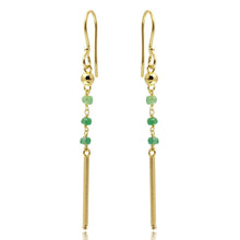 Load image into Gallery viewer, Sterling Silver Gold Plated Three Green Bead With Matte Gold Bar Dangling Earrings