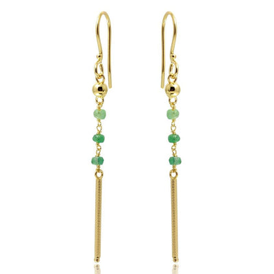 Sterling Silver Gold Plated Three Green Bead With Matte Gold Bar Dangling Earrings