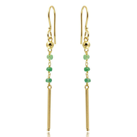 Sterling Silver Gold Plated Three Green Bead With Matte Gold Bar Dangling Earrings