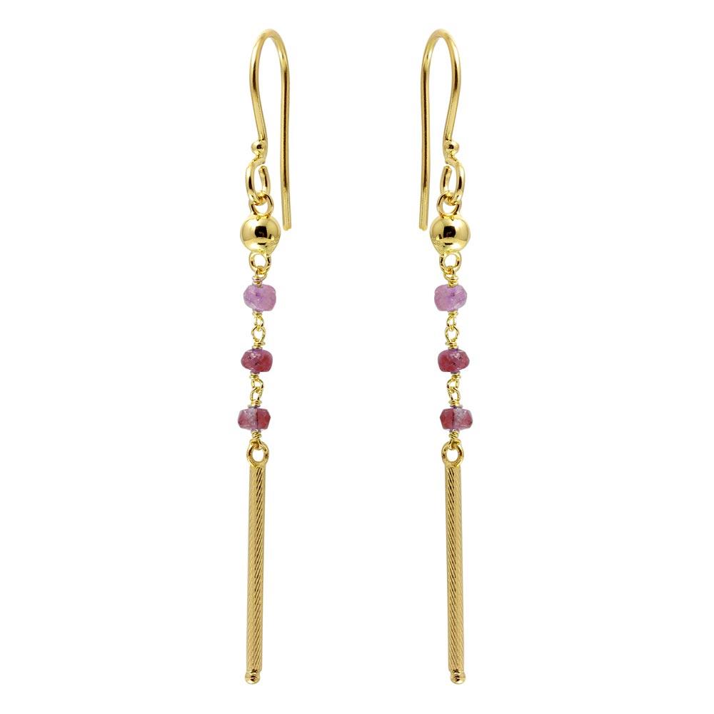 Sterling Silver Gold Plated Three Dark Red Bead With Matte Gold Bar Dangling Earrings
