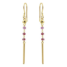 Load image into Gallery viewer, Sterling Silver Gold Plated Three Dark Red Bead With Matte Gold Bar Dangling Earrings