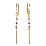 Sterling Silver Gold Plated Three Dark Red Bead With Matte Gold Bar Dangling Earrings