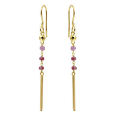 Sterling Silver Gold Plated Three Dark Red Bead With Matte Gold Bar Dangling Earrings