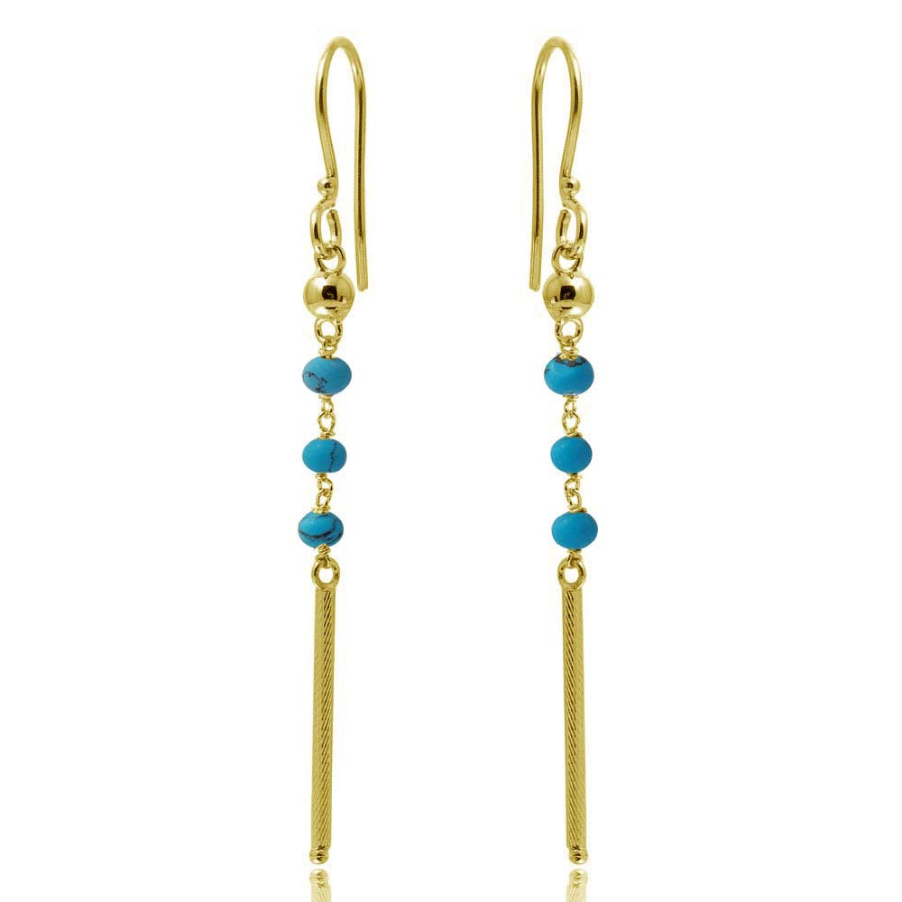 Sterling Silver Gold Plated Dangling Three Turquoise Bead With Matte Gold Bar Earrings