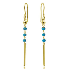 Load image into Gallery viewer, Sterling Silver Gold Plated Dangling Three Turquoise Bead With Matte Gold Bar Earrings