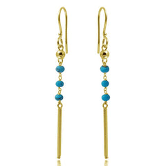 Sterling Silver Gold Plated Dangling Three Turquoise Bead With Matte Gold Bar Earrings