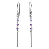 Sterling Silver Rhodium Plated Three Purple Bead With Matte Bar Dangling Earrings