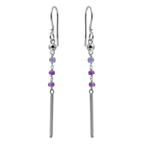 Sterling Silver Rhodium Plated Three Purple Bead With Matte Bar Dangling Earrings