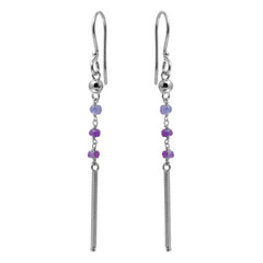 Sterling Silver Rhodium Plated Three Purple Bead With Matte Bar Dangling Earrings