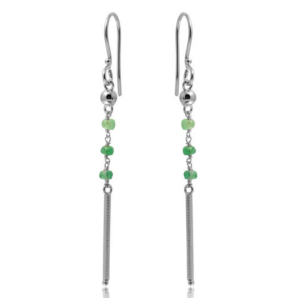 Sterling Silver Rhodium Plated Three Green Bead With Matte Bar Dangling Earrings
