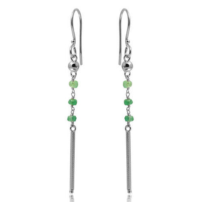 Sterling Silver Rhodium Plated Three Green Bead With Matte Bar Dangling Earrings