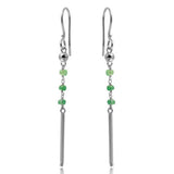 Sterling Silver Rhodium Plated Three Green Bead With Matte Bar Dangling Earrings