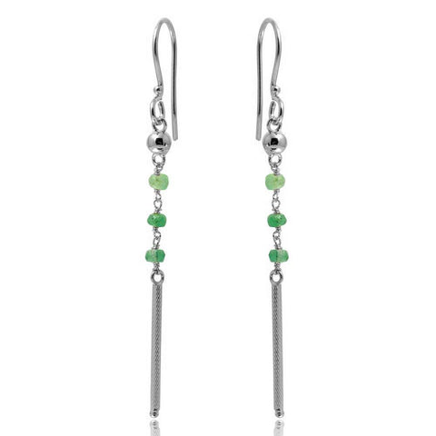 Sterling Silver Rhodium Plated Three Green Bead With Matte Bar Dangling Earrings