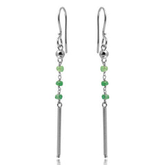 Sterling Silver Rhodium Plated Three Green Bead With Matte Bar Dangling Earrings