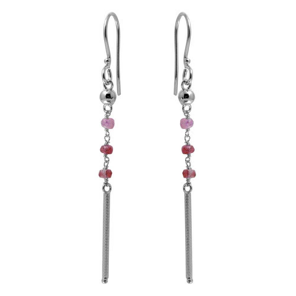 Sterling Silver Rhodium Plated Three Dark Red Bead With Matte Bar Dangling Earrings