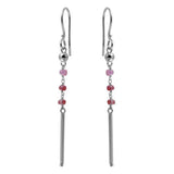 Sterling Silver Rhodium Plated Three Dark Red Bead With Matte Bar Dangling Earrings