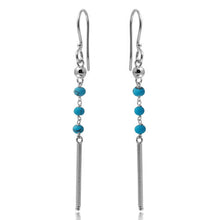Load image into Gallery viewer, Sterling Silver Rhodium Plated Three Turquoise Bead With Matte Bar Dangling Earrings