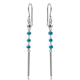 Sterling Silver Rhodium Plated Three Turquoise Bead With Matte Bar Dangling Earrings