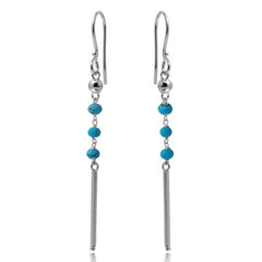 Sterling Silver Rhodium Plated Three Turquoise Bead With Matte Bar Dangling Earrings