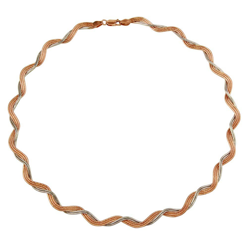 Sterling Silver Two Toned Rose Gold Plated Braided Omega Round Necklace