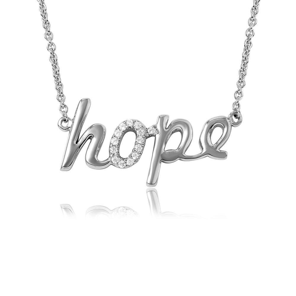 Sterling Silver Rhodium Plated CZ Word Necklace  Hope