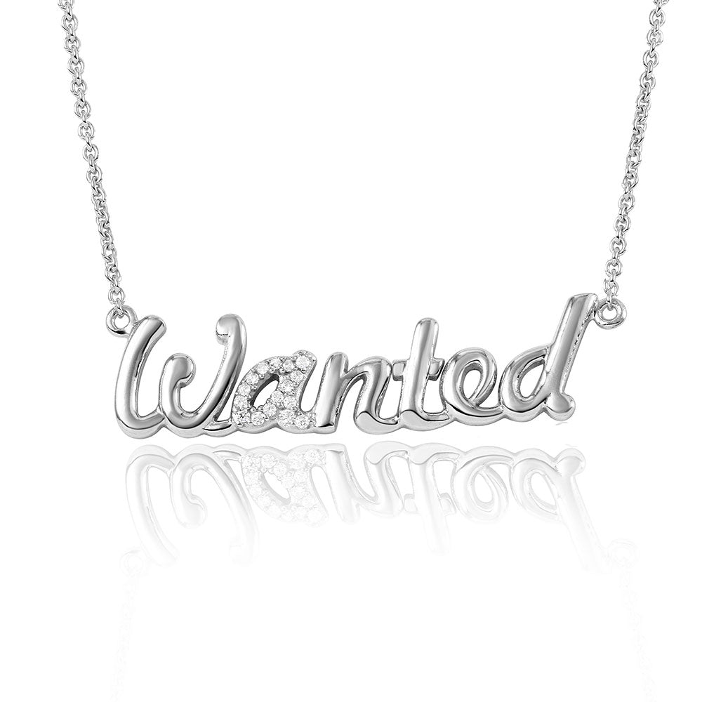Sterling Silver Rhodium Plated CZ Word Necklace  WANTED ���������