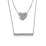 Sterling Silver Rhodium Plated Double Chain Heart And Bar Necklace