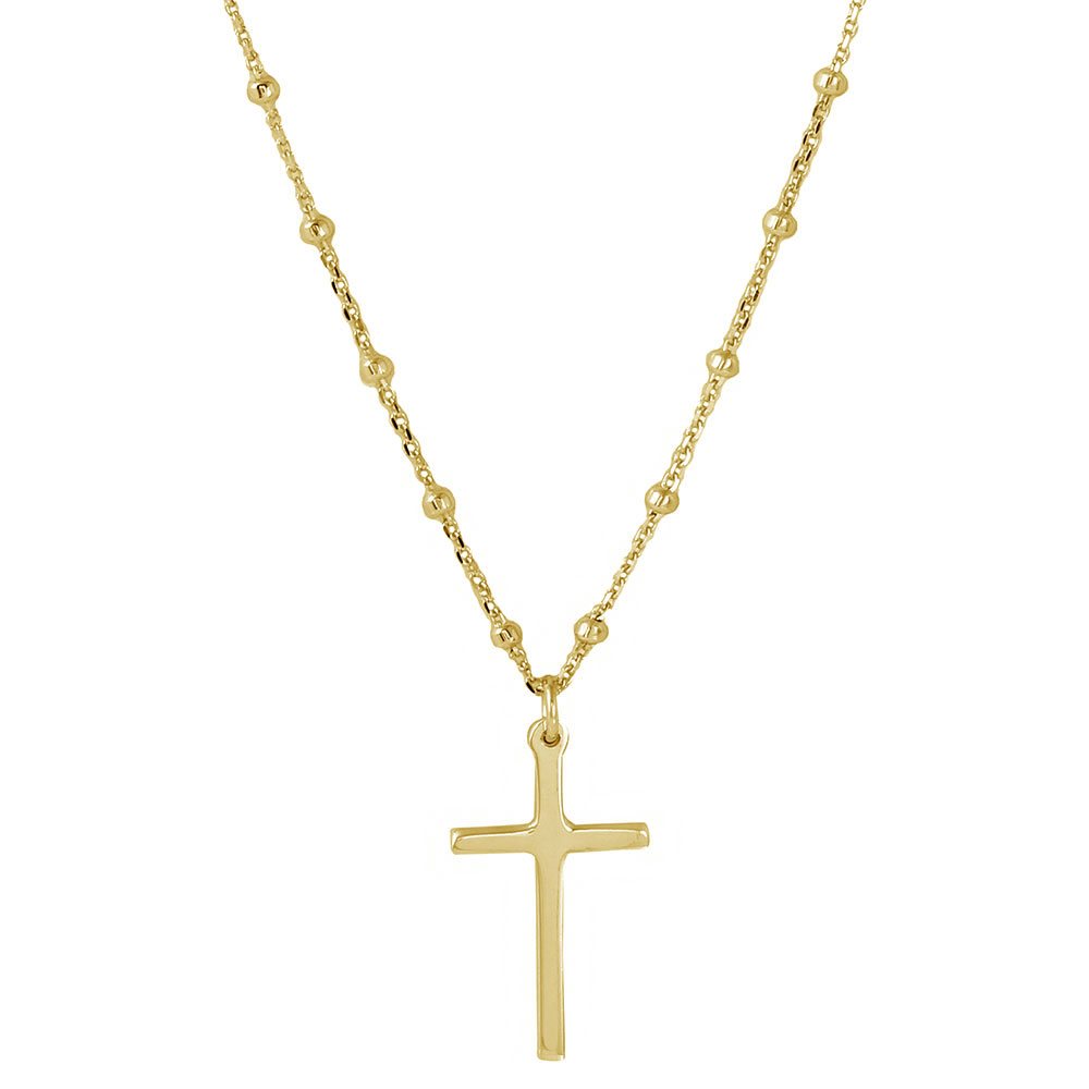 Sterling Silver Gold Plated Cross Pendant With Beaded Chain