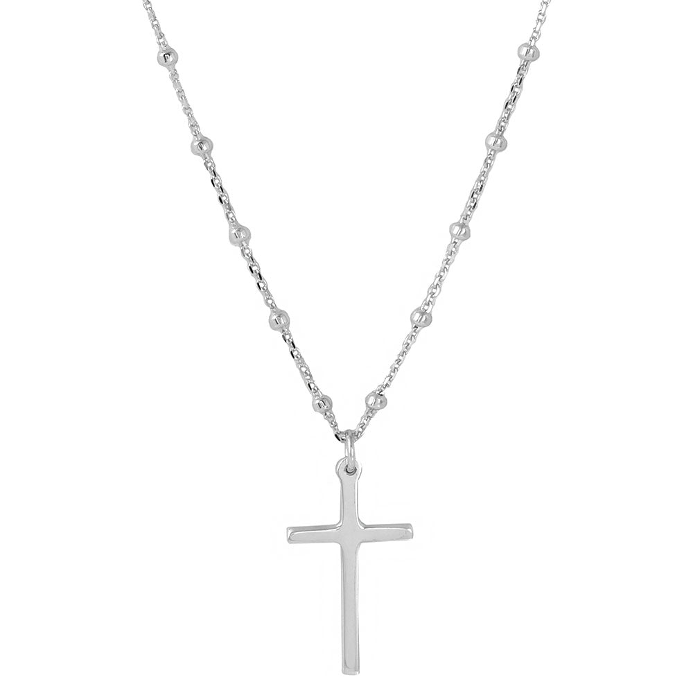 Sterling Silver Rhodium Plated Cross Pendant With Beaded Chain