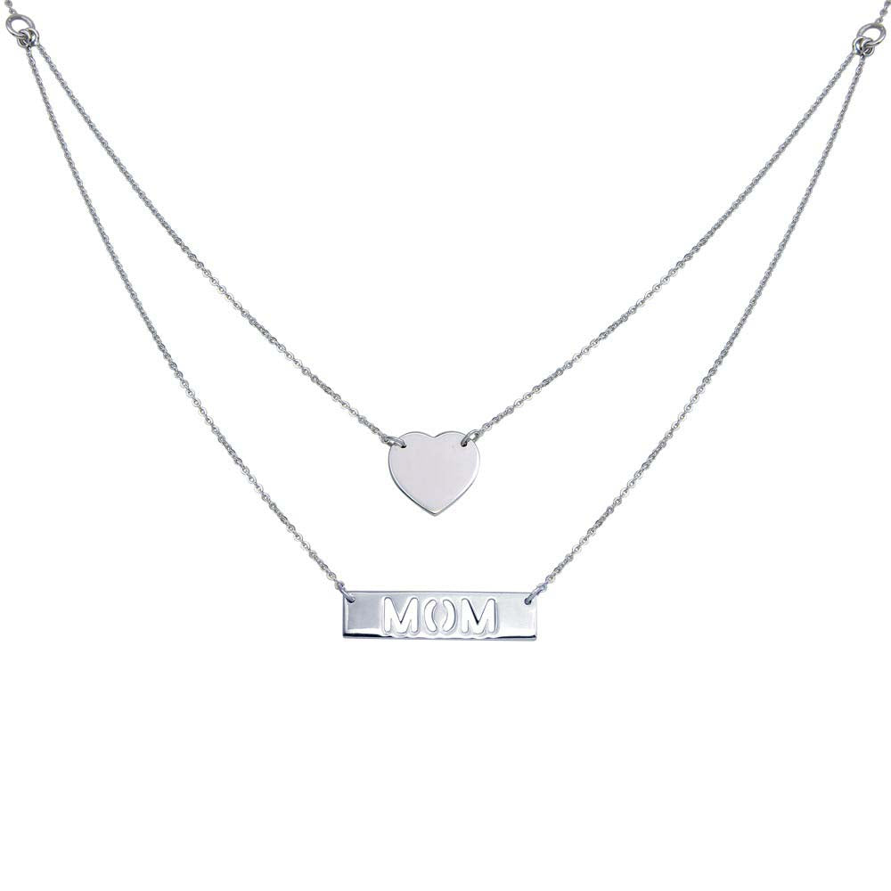 Sterling Silver Rhodium Plated Double Chain Heart and Mom Pendant Necklace