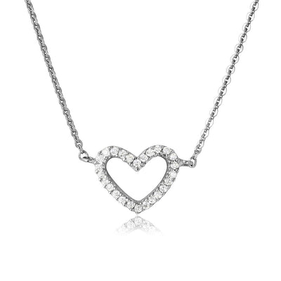 Sterling Silver Rhodium Plated CZ Open Heart Necklace