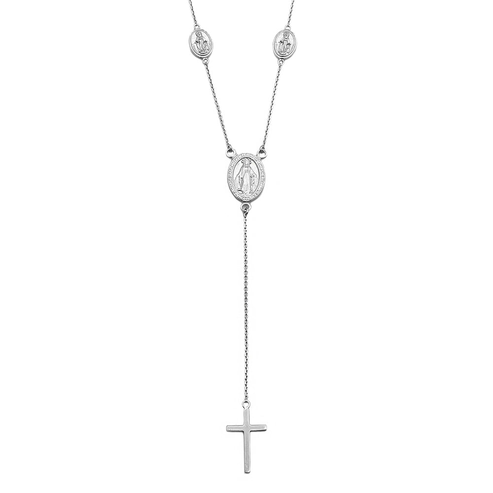 Sterling Silver Rhodium Plated Religious Charms Necklace With Cross Drop Necklace