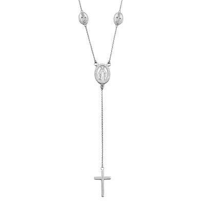 Sterling Silver Rhodium Plated Religious Charms Necklace With Cross Drop Necklace